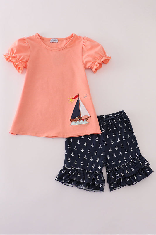 Coral Sailboat Applique Ruffle Girl Shorts Honeydew