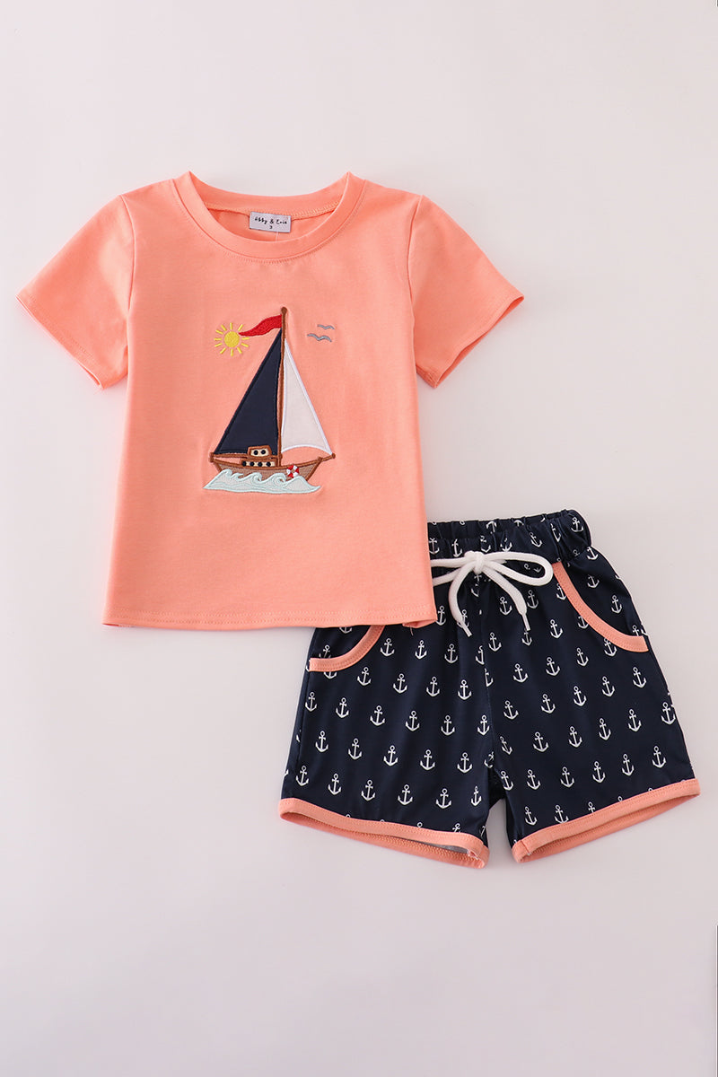 Coral Sailboat Applique Boy Shorts Honeydew