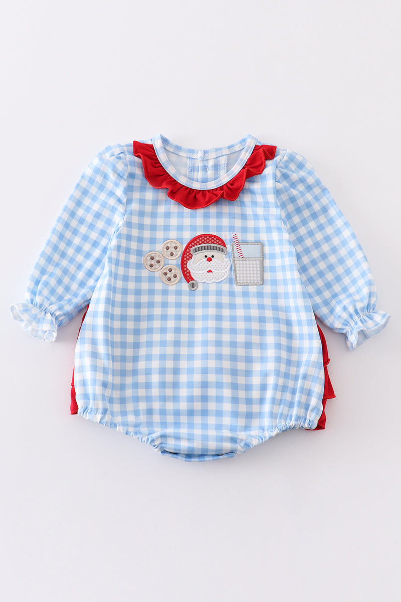Santa Milk and Cookies Girl Blue Gingham Romper Honeydew