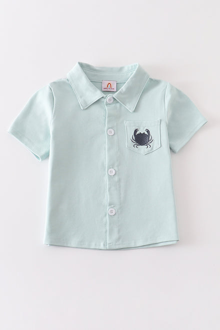 Mint Crab Embroidery Button Down Boy Shirt Honeydew