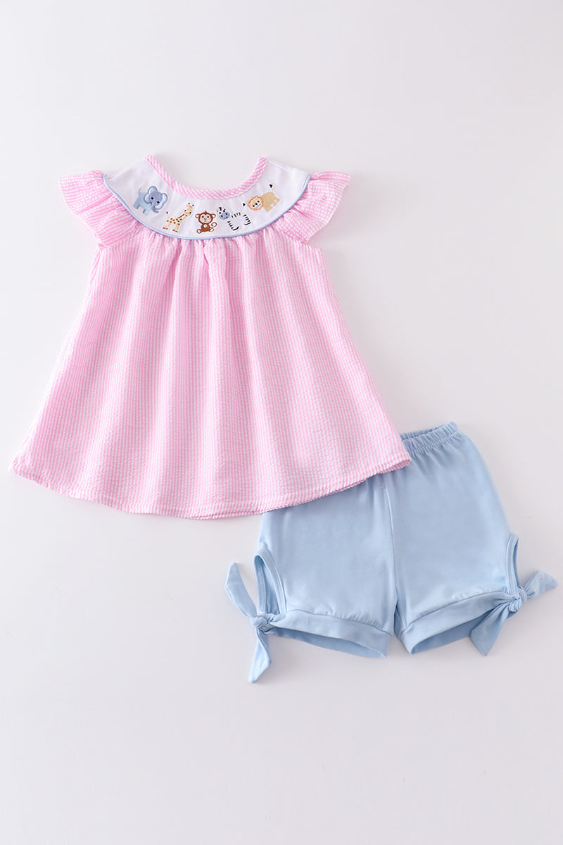 Pink Seersucker Animal Embroidery Girl Set Honeydew