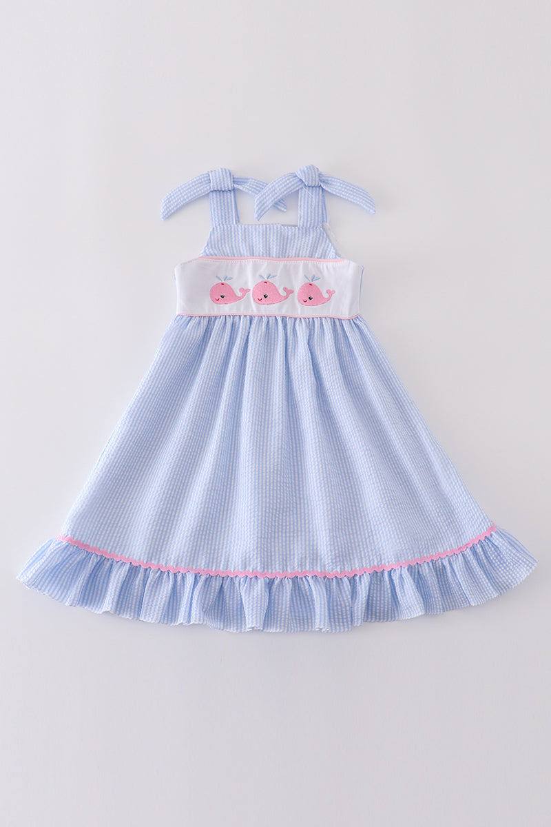 Blue Seersucker Whale Embroidery Dress Honeydew