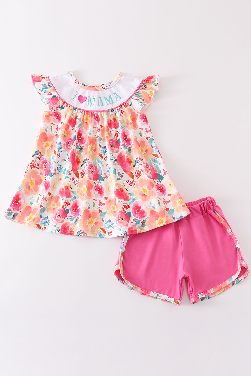 Floral Print I Love Mama Short Set Honeydew