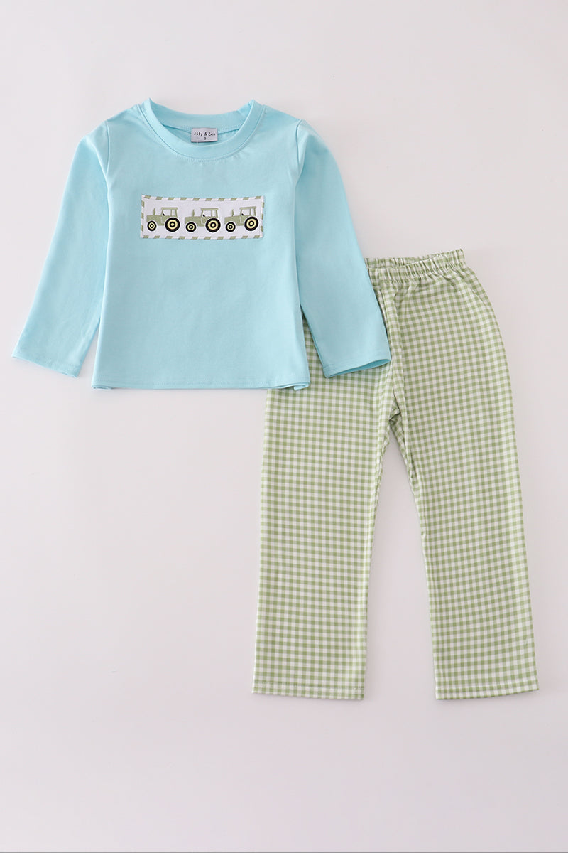 Blue Tractor Embroidery Boy Pants Set Honeydew