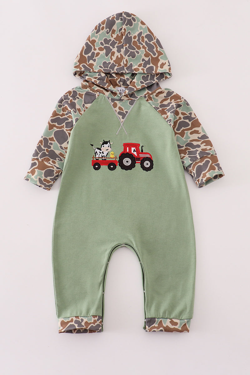 Green Camouflage Cow Tractor Applique Boy Romper Honeydew