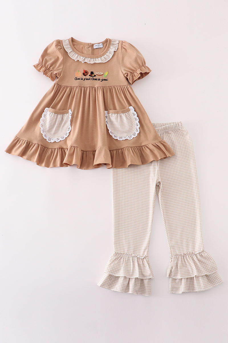 Khaki Thanksgiving God is Great Ruffle Girl Set Honeydew