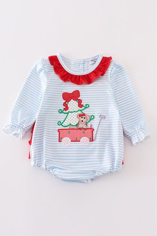 Blue Stripe Christmas Puppy Applique Girl Bubble Honeydew