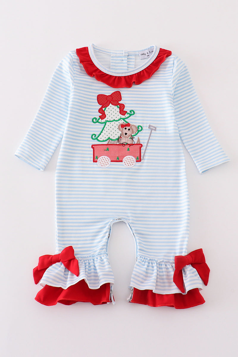 Blue Stripe Christmas Puppy Applique Girl Bubble Honeydew