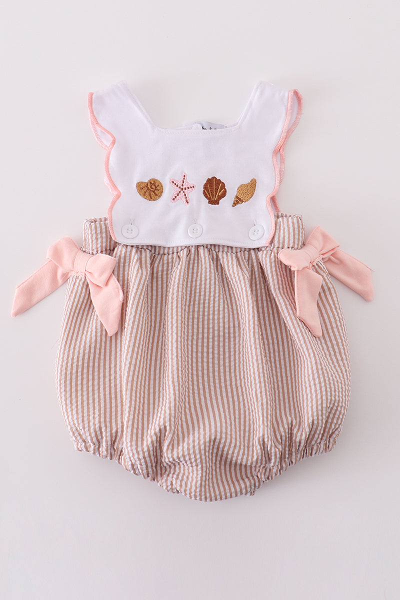 Brown Shell Starfish Embroidered Seersucker Girl Bubble Honeydew