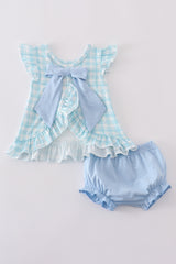 Farm Cow Pig Chicken Embroidery Plaid Bloomer Set Honeydew