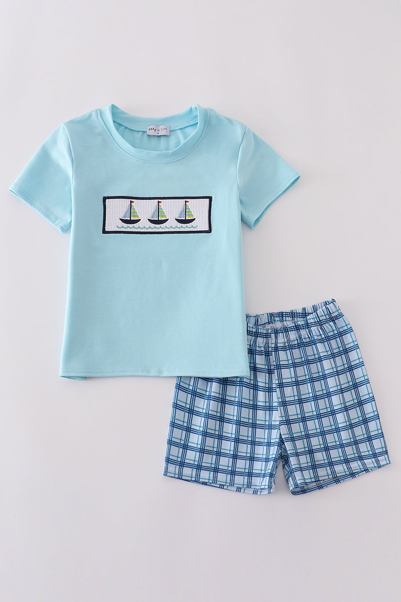 Blue Sailboat Smocked 2 Pc Boy Set Honeydew