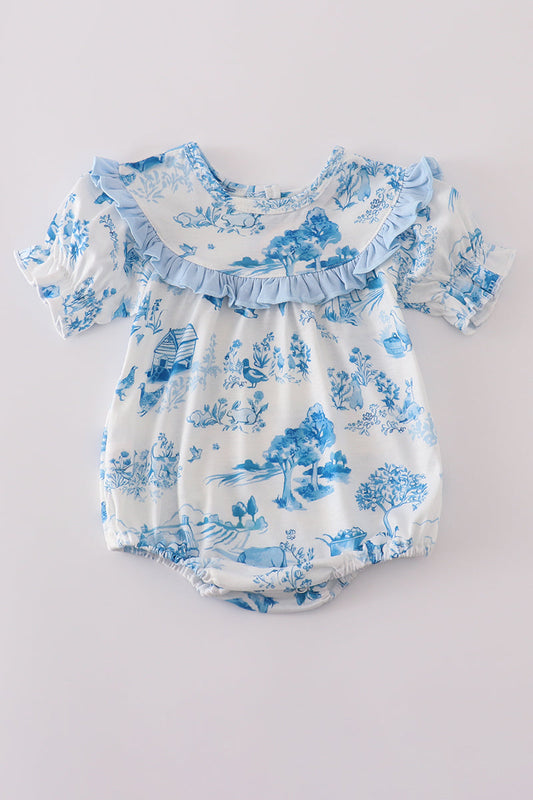 Blue Farm Print Girl Bubble Honeydew