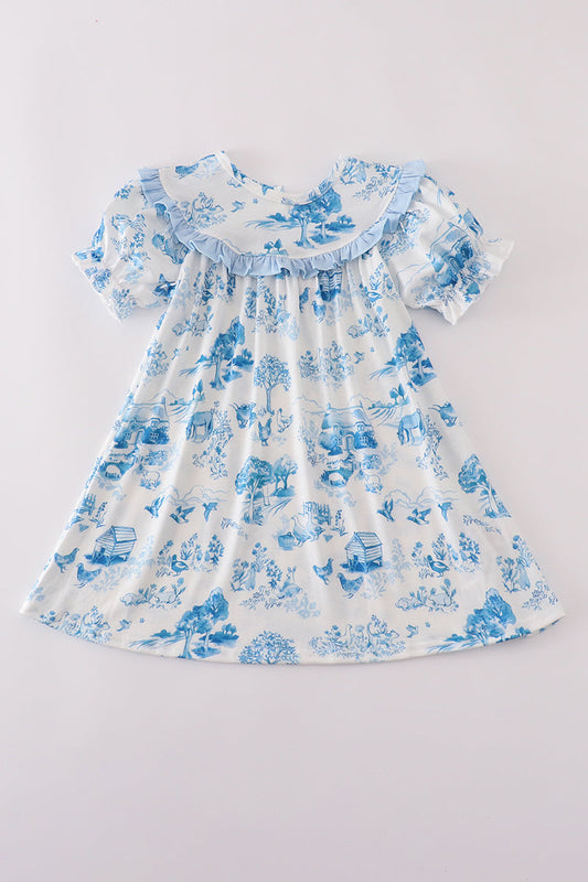 Blue Farm Print Dress Honeydew