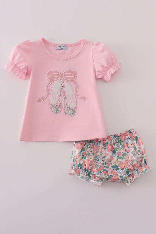 Pink Ballet Shoe Applique Bloomer Set Honeydew