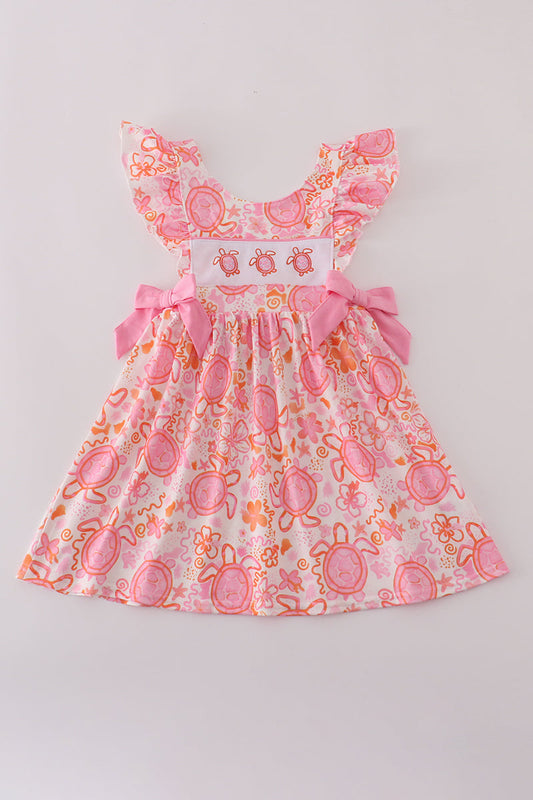 Pink Floral Turtle Embroidery Ruffle Dress Honeydew