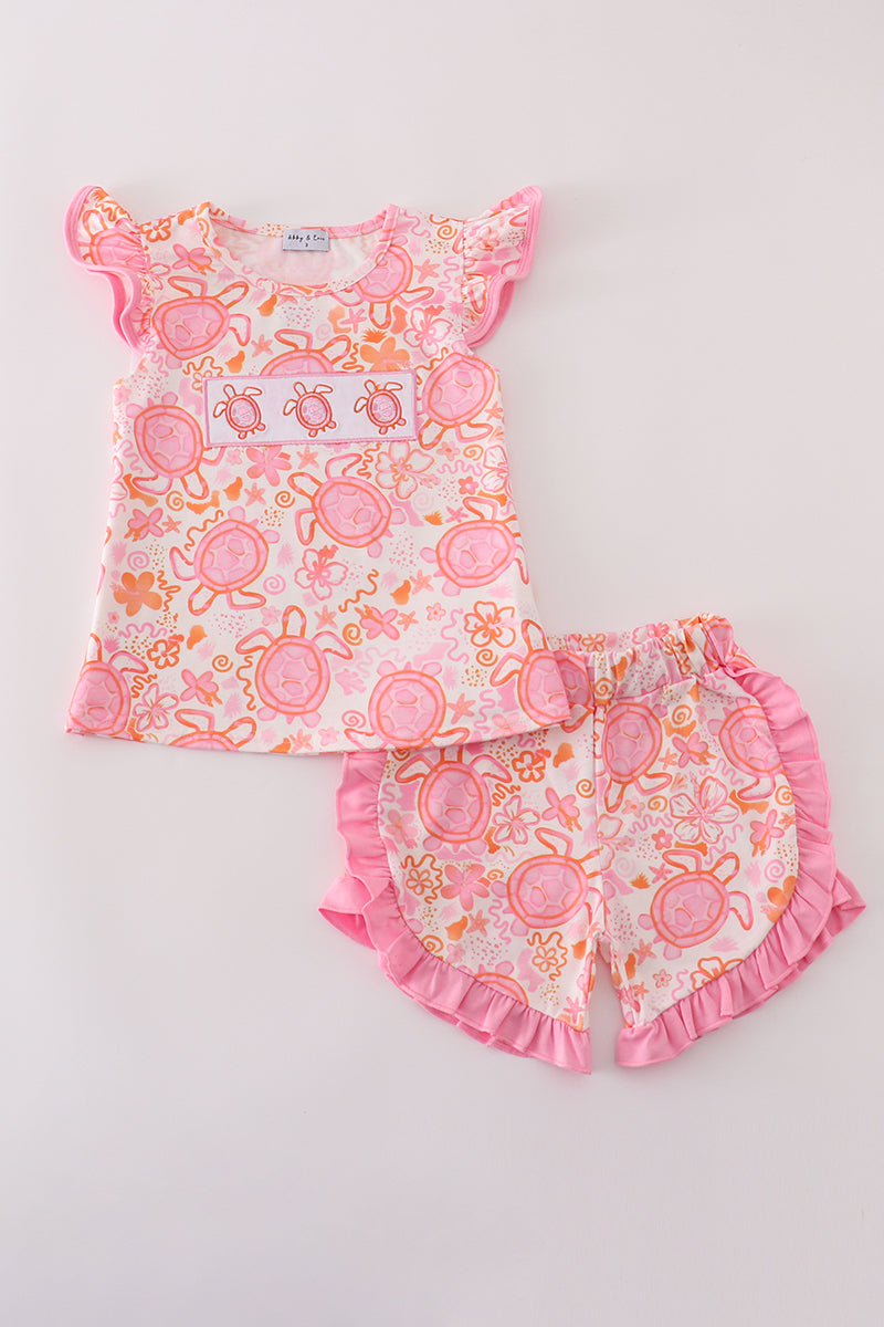 Pink Floral Turtle Embroidery Ruffle Short Set Honeydew