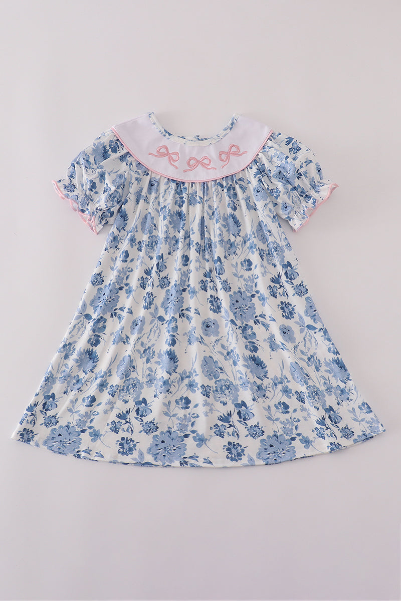 Blue Bow Embroidery Dress Honeydew