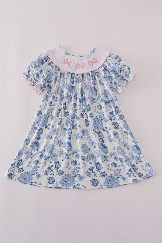 Blue Bow Embroidery Dress Honeydew