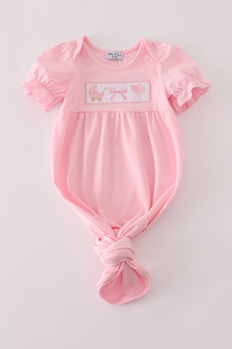 Pink Bow Embroidery Newborn Gown Honeydew