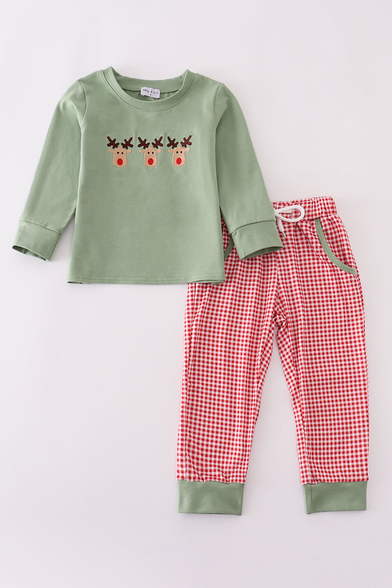 Green Christmas Reinder Embroidery Boy Set Honeydew