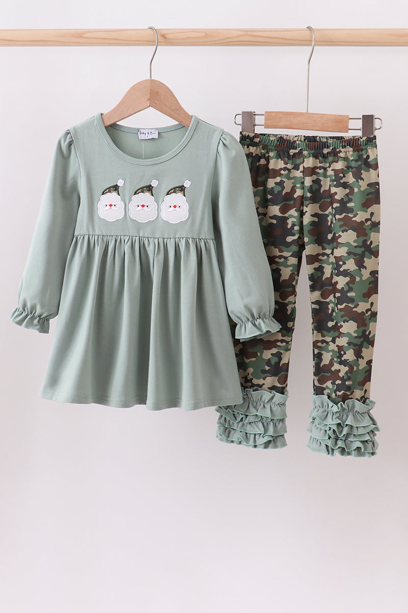 Camouflage Santa Claus Applique Girl Ruffle Pants Set Honeydew