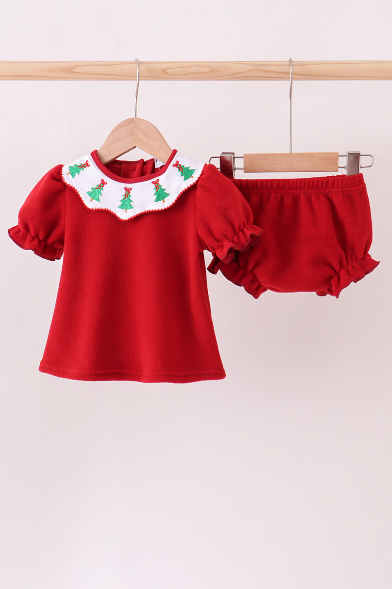 Red Christmas Tree Embroidery Fleece Bloomer Set Honeydew