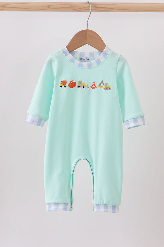Mint Green Vehicle Embroidery Boy Romper Honeydew