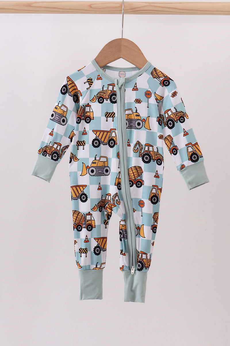 Green Bamboo Excavator Boy Pajama Romper Honeydew