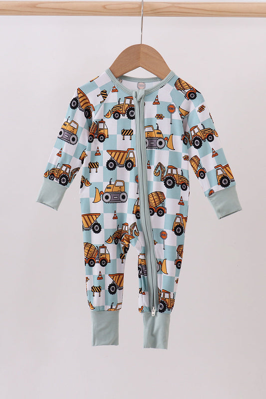 Green Bamboo Excavator Boy Pajama Romper Honeydew