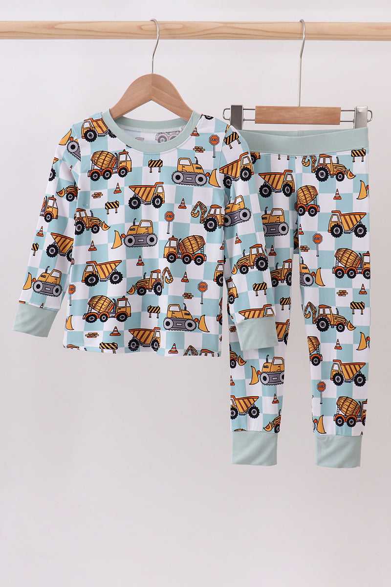 Green Bamboo Excavator Boy Pajama Set Honeydew