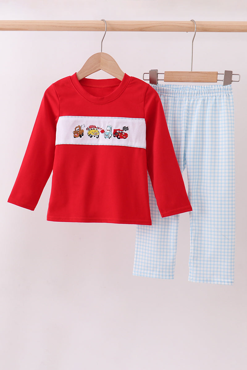 Red Character Truck Embroidery Pants Set Honeydew