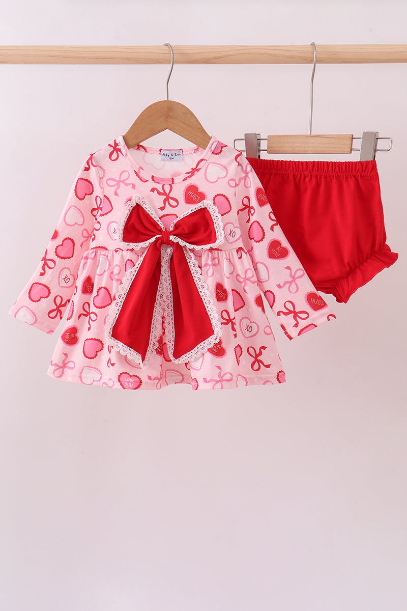 Red Heart Bow Print Bloomer Set Honeydew