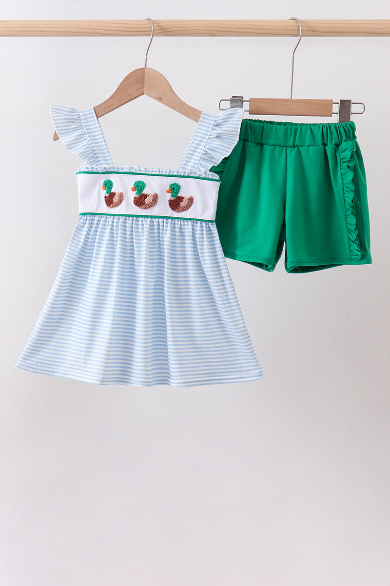 Blue Stripe Duck French Knot Ruffle Shorts Set Honeydew