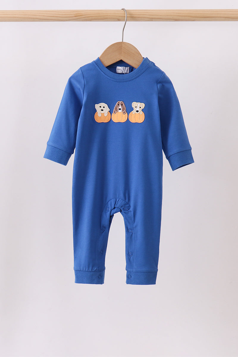 Royal Blue Puppy Embroidery Pumpkin Romper Honeydew