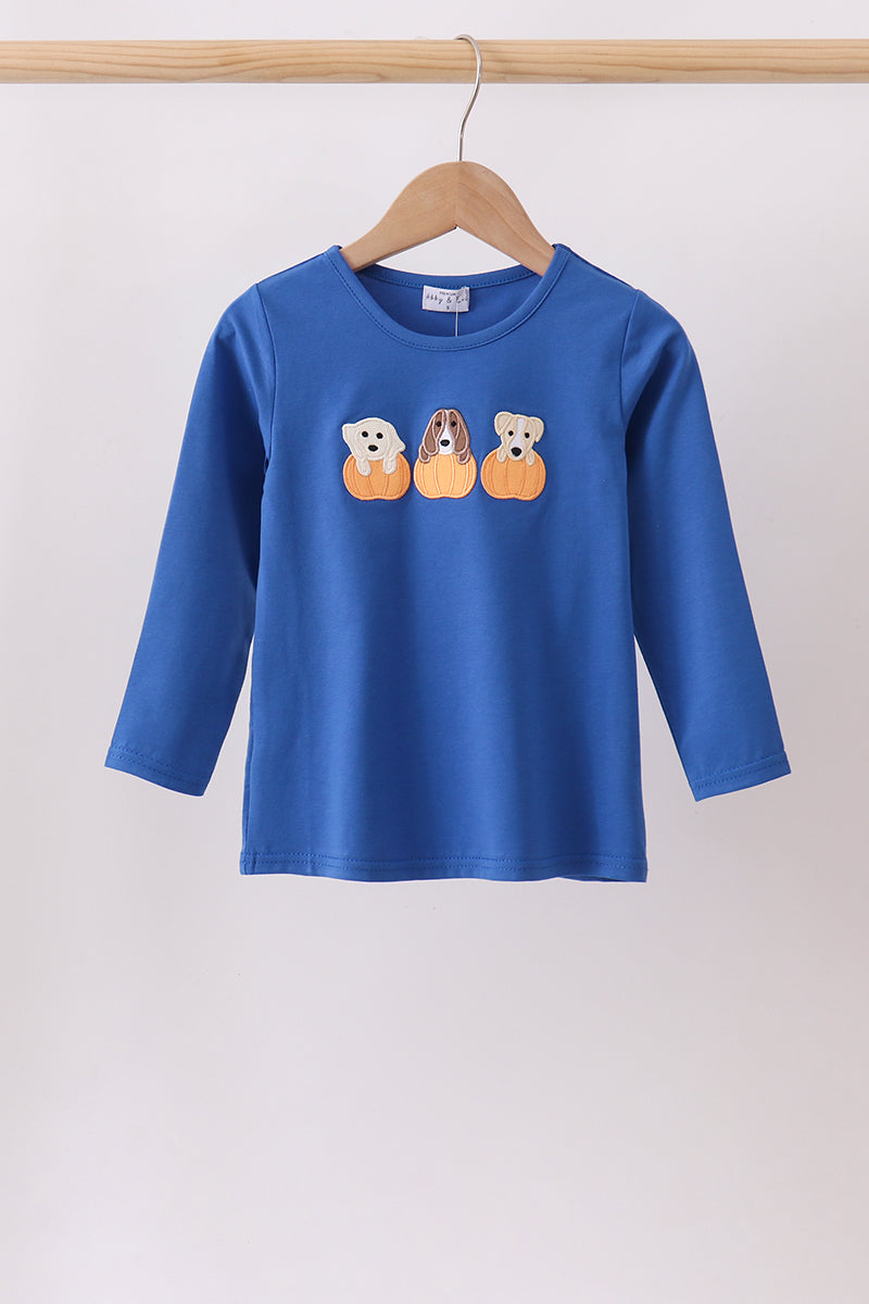 Royal Blue Puppy Embroidery Pumpkin Shirt Honeydew