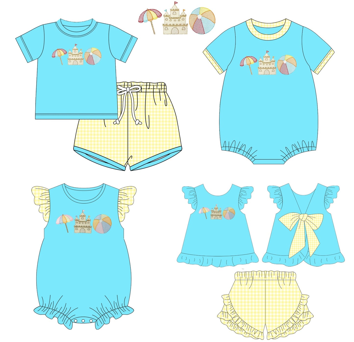 Blue Beach Sandcastle Embroidery Collection - Girl Short Set - eta July Boyis