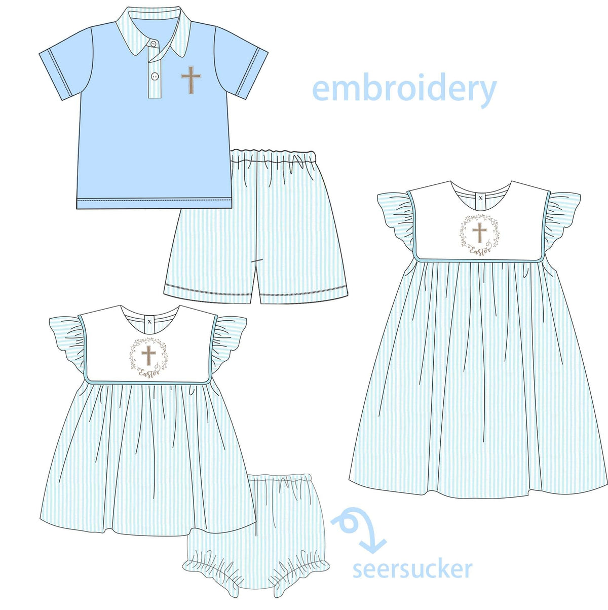 Blue Cross Seersucker Sibling Collection - Eta February Boyis