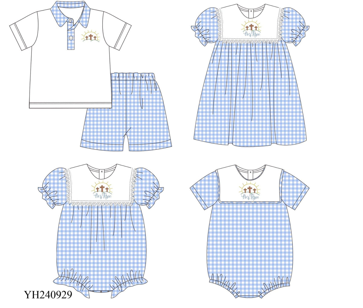 Easter Three Cross Blue Gingham Sibling Collection - Eta February Boyis