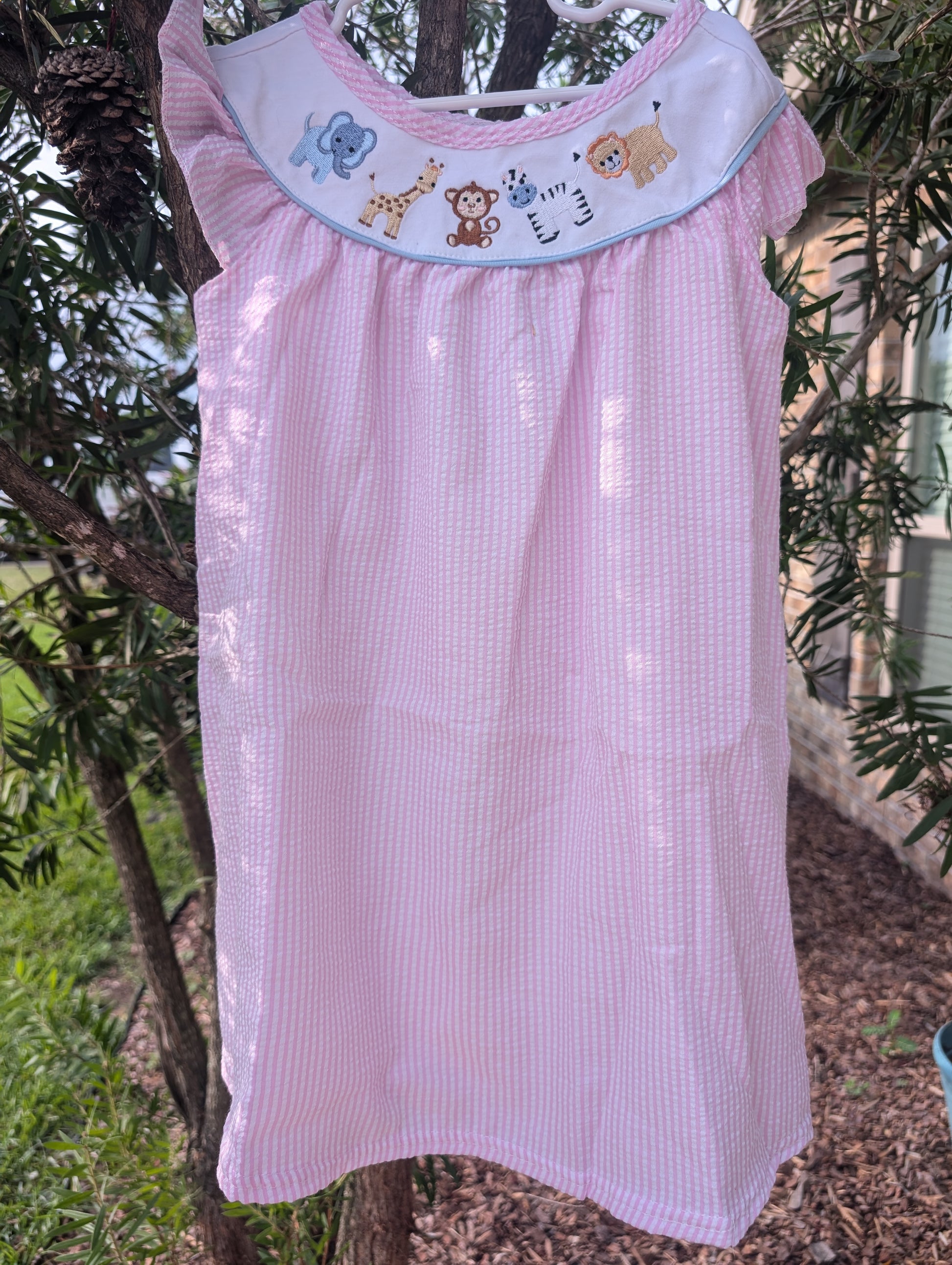 Pink Seersucker Animal Embroidery Dress Honeydew
