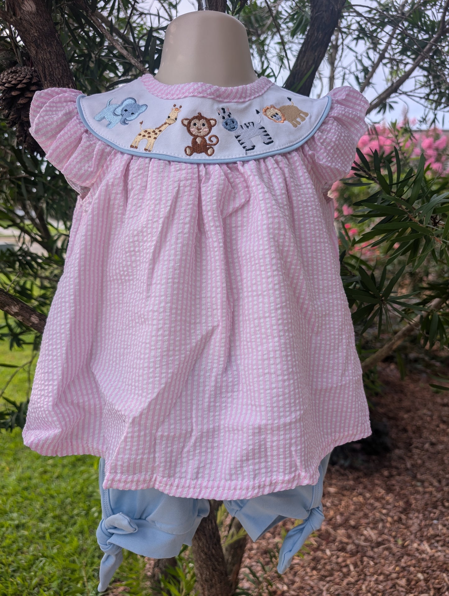 Pink Seersucker Animal Embroidery Girl Set Honeydew