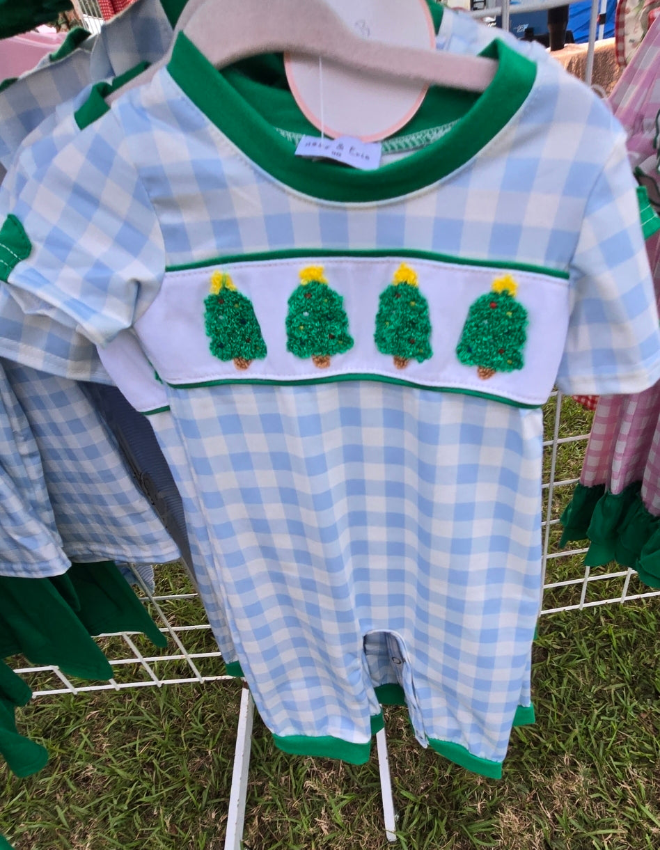 Green Christmas Tree Embroidery Boy Romper Honeydew