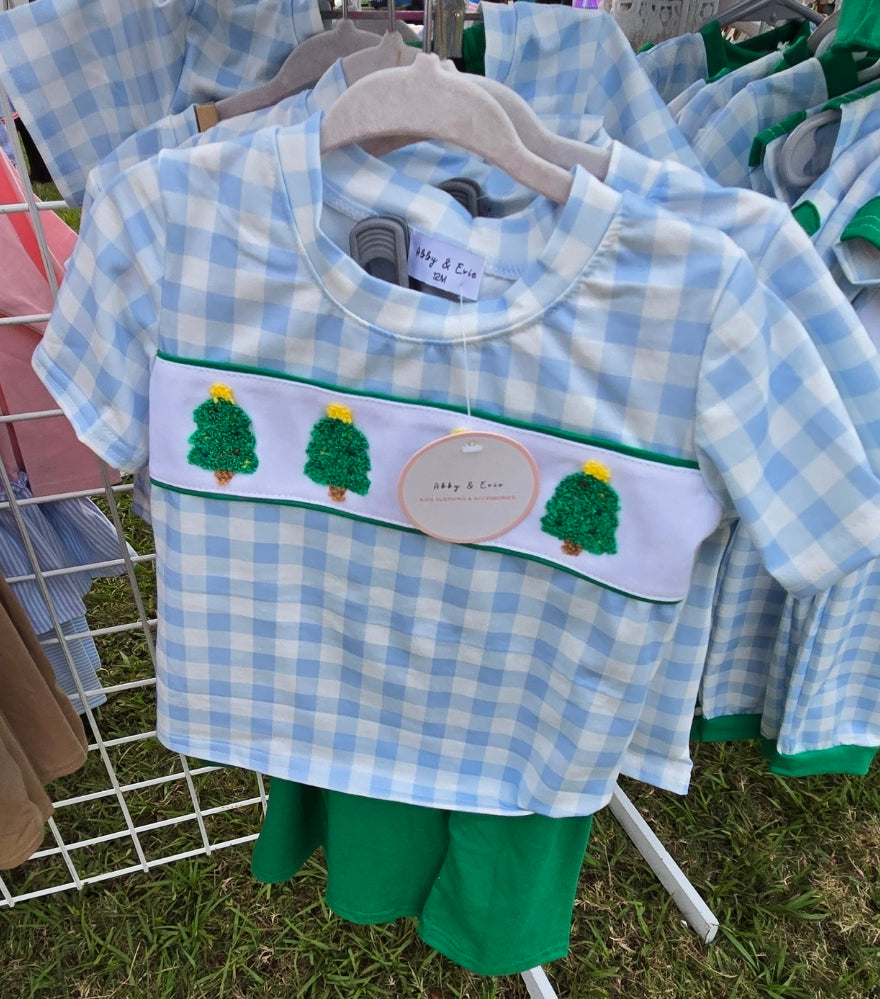 Green Christmas Tree French Knot Boy Set Honeydew