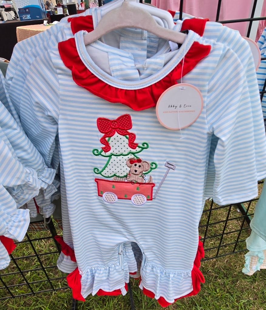 Blue Stripe Christmas Puppy Applique Girl Bubble Honeydew