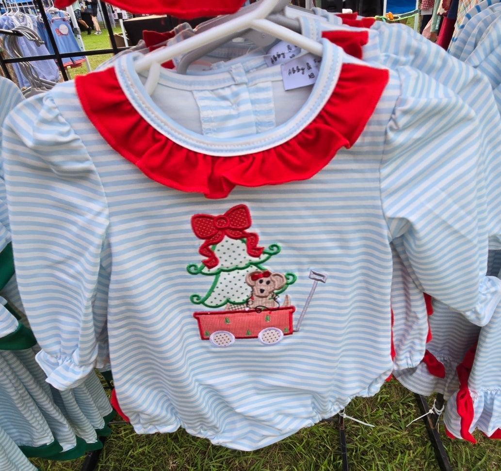 Blue Stripe Christmas Puppy Applique Girl Bubble Honeydew