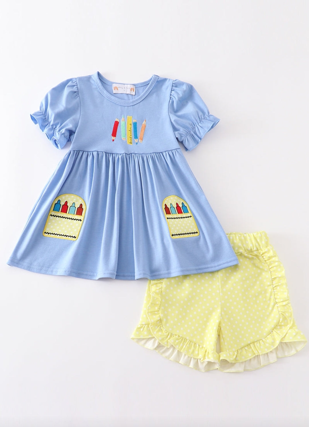 Blue Crayon Embroidery Short Sleeve 2 Pc Girl Set Honeydew