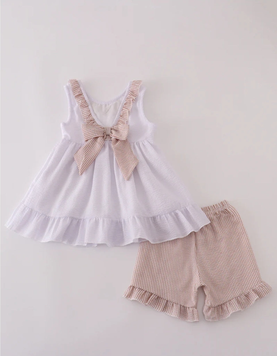 Brown White Seersucker Ruffle Shorts Set Honeydew