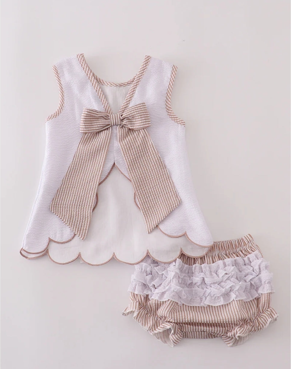 Brown White Seersucker Ruffle Bloomer Set Honeydew