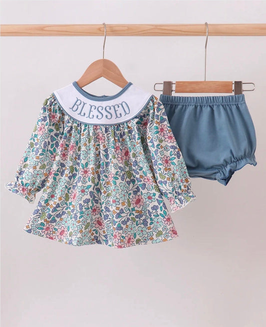 Blue Floral Blessed Embroidery Bloomer Set Honeydew