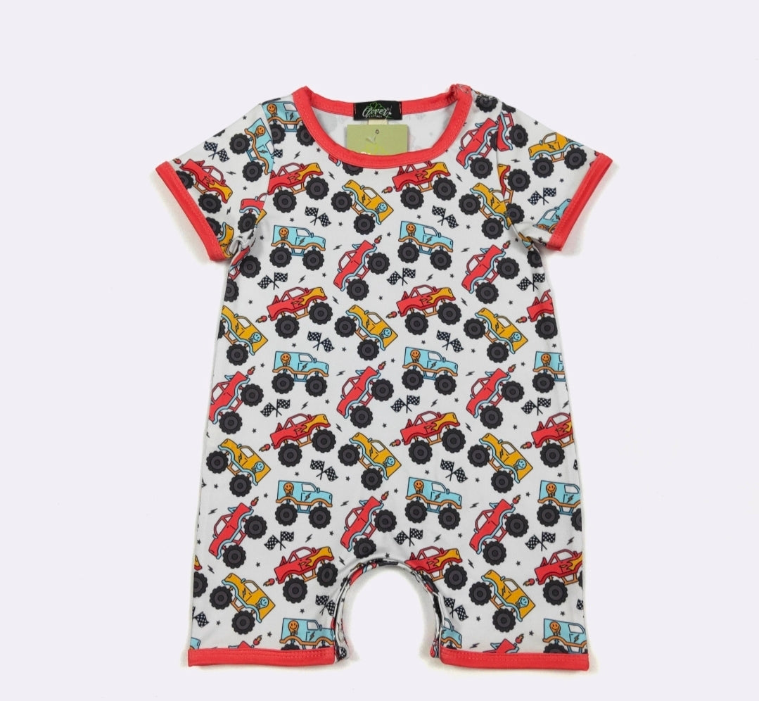 Monster Truck Mayhem Boy Print Romper Clover Cottage