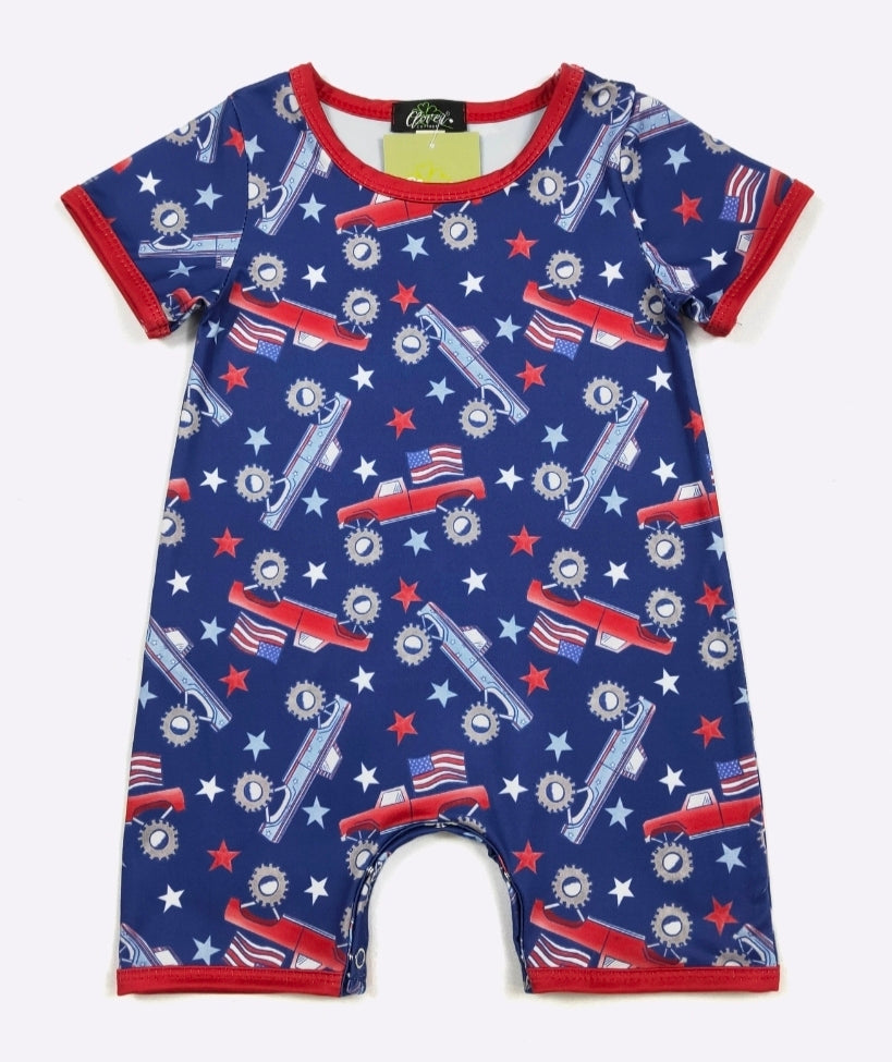 Merica Truck Boy Print Romper Clover Cottage
